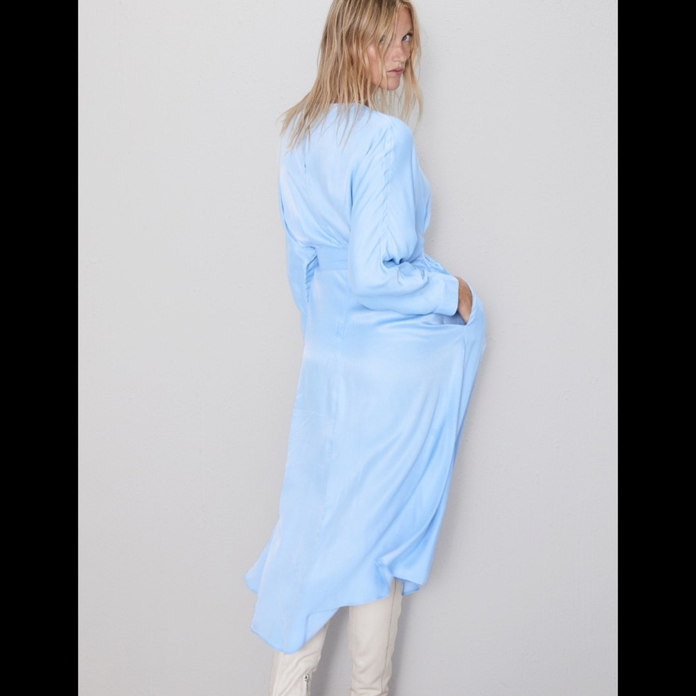 ZARA Baby Blue Belted Satin Effect Midi Dress - Picture 10 of 14